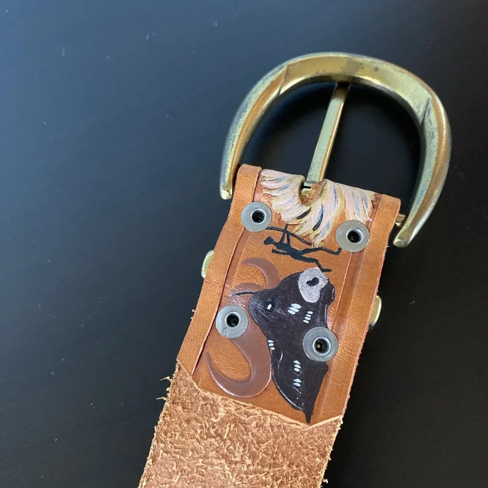 Tooled Leather Belt Brown Hand Painted Animals Safari Africa‎ Artisan  Boho 34